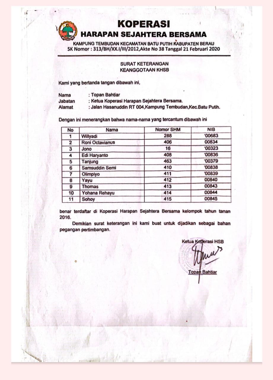 Lampiran surat keterangan keanggotaan KHSB yang berjumlah 11 orang